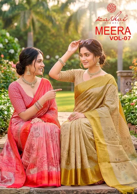 Meera Vol 7 By Kashvi Brasso Doby Border Zari Printed Sarees